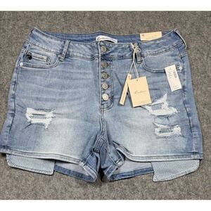 KanCan  Womens 16 High Rise Light Wash Distressed Denim Shorts Blue Boho Button